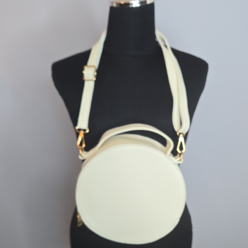 Cream Faux Leather Round Crossbody Bag